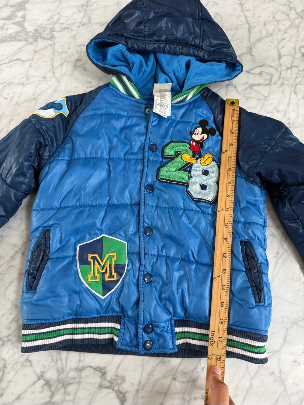 Disney Store Mickey Mouse Varsity Blue Hooded Puffer Jacket Sz 5/6